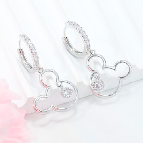 Mouse Earrings for Women Sterling Silver White Gold Mouse Dangle Hoop Earrings Sparkling CZ Lucky Cute Mini Earrings Animal Fashion Hypoallergenic Princess Jewelry Gifts for Daughter Birthday2
