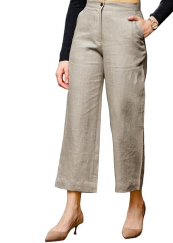 Image of Vogaan Women Cotton Linen Blend Straight Fit Trousers | High Waist Casual Office Pants | Solid Ankle Length Bottom Wear