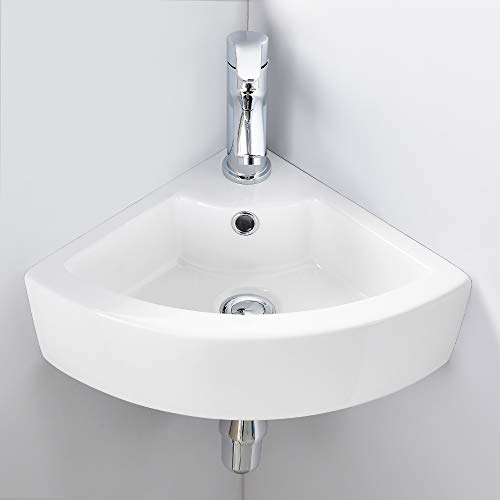 VASOYO Kleines Eckwaschbecken für Badezimmer, dreieckig, Porzellan, Keramik, Wandmontage, oberhalb der Theke, mit einzelnem Wasserhahnloch und Überlauf, Weiß