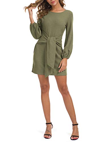 Lionstill Women's Elegant Long Sleeve Dress Casual Tie Waist Sweater Dresses Army Green Medium