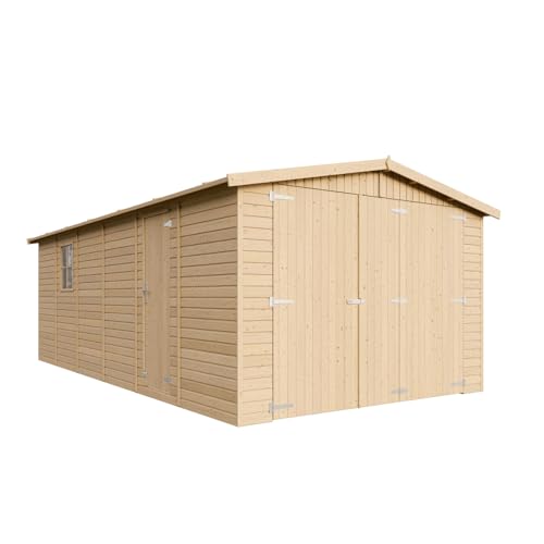 Garage en Bois Naturel - Chalet en Pin/épicéa- H222X616x324 cm/18 m² - Construction de Panneaux- Rangement pour vélos, Remise à Outils-TIMBELA M102