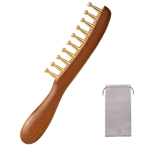 Masseur de cheveux Peigne en bois à dents larges Peigne Gua Sha en cuivre et bois de santal avec poignée pour le soin des cheveux.