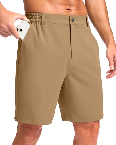 Pudolla Men's Casual Shorts 7" Lightweight Golf Shorts with 3 Pockets Stretch Quick Dry Comfy Work Shorts（Dark_Khaki XL