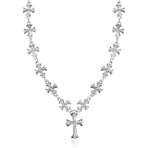 SHINYY Cross Necklace for Women and Men | Goth Punk Pendant Necklace | Gothic Grunge Religious Jewelry for Him Her (Silver without Crystals)
