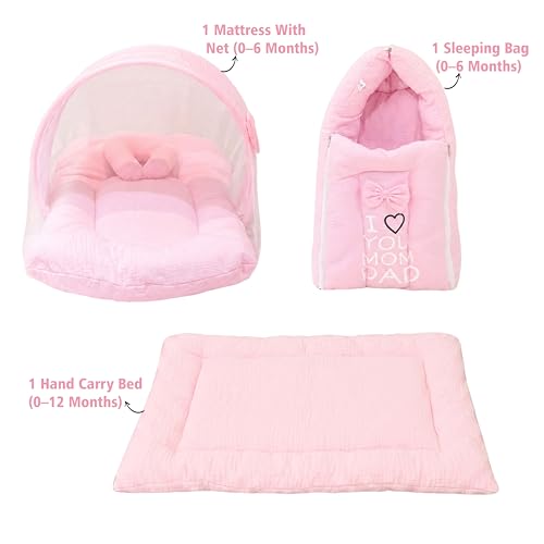 Image of Fareto Combo of Baby Bed with Net | Carry Bag | 4 Pcs Bedding Set (0-6 Months, Baby Size, Cotton) (M Pink)
