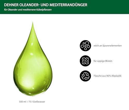 Dehner Oleander- und Mediterrandünger, hochwertiger Flüssigdünger, Dünger für Mediterranpflanzen, organischer NPK-Dünger, mit Spurennährstoffen, 500 ml, für ca. 75 l, bunt