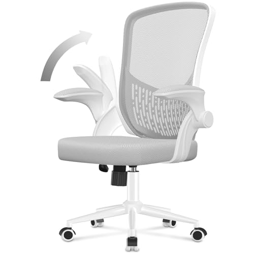 naspaluro Silla de Oficina Ergonómica, Silla de Escritorio con Reposabrazos Abatibles, Regulable en Altura, Función Inclinable, Respaldo Transpirable, Silla Giratoria 360º, Gris