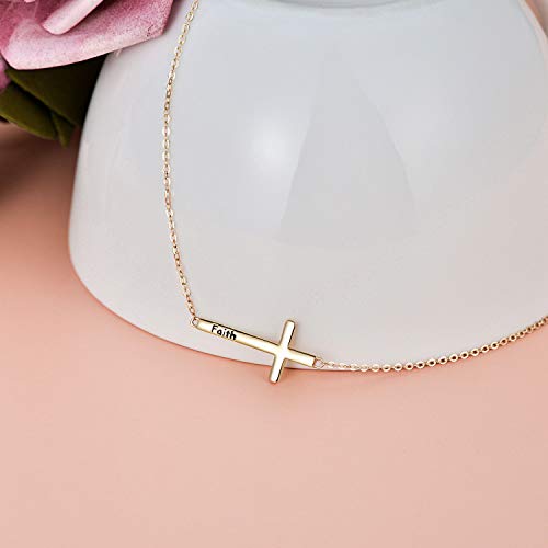 SISGEM 14K Gold Sideways Cross Necklace for Women, Dainty Yellow Gold Engraved Faith Sideways Cross Choker Pendant Adjustable Jewelry for Her, 14"-17"3