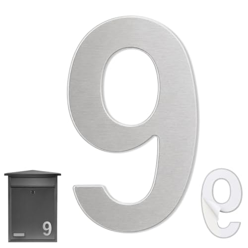 Numero 9 casa, Número Nueve hogar, Número 9 para puerta, Número para pared, Número 9 buzón, Acero inoxidable 304, 75 mm alto x 47 mm ancho, Adhesivo, Plateado