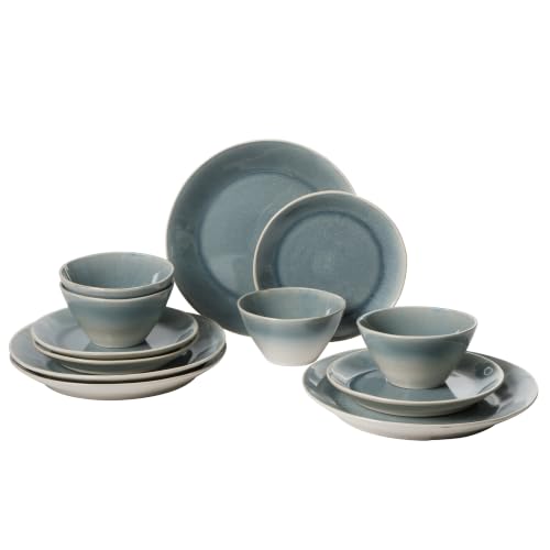 Image of Gibson Elite Plates and Bowls Set, 12 Piece Stoneware Dinnerware for 4 | River Delta Collection - Ceramic Dishes, Reactive Glaze Ombre Blue, Microwave Safe Dishware, Chip Resistant, Family Dining