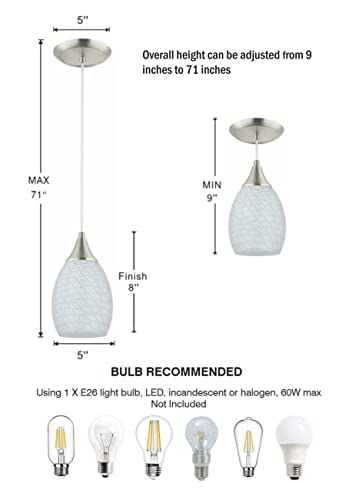Glassland Pendant Light, 1 Light Kitchen Lighting In Brushed Nickel With White Glass, Etl Listed #TOP5