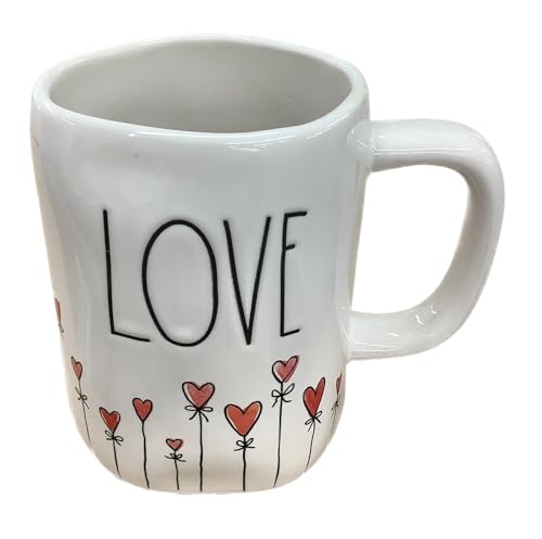 Rae Dunn Valentine's Day Coffee Mug, White - Love Blooms - Red Hearts