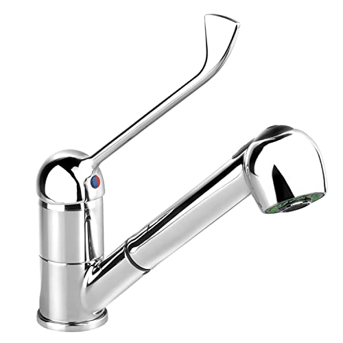 GOLDMAN SERVICE Rubinetto cucina estraibile spray doccia - Monocomando Gerontologico leva lunga gomito - Uso domestico medica sanitario ospedali laboratori alberghieri industria