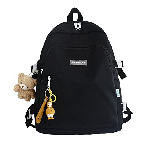 Aesthetic Backpacks for Girls, Lightweight Simple Travel Daypack for Women Teens College Middle School Bookbag with Kawaii Pendant(Black)