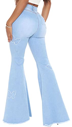 Women's Butterfly Bell Bottom Jeans Elastic High Waisted Embroidered Classic Flareed Jeans Raw Hem Denim Pants with Pocket2