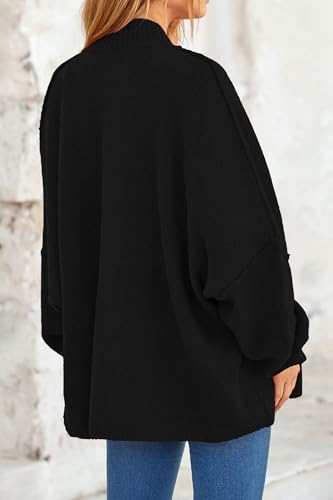 Image of PRETTYGARDEN Women's Winter Button Down Cardigan Sweaters Mock Neck Lantern Long Sleeve Chunky Knit Jacket Trendy Outerwear (Black,X-Large)