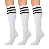 KONY Womens Cotton Knee High Socks - Casual Solid & Triple Stripe Colors Fashion Socks 3 Pairs (Womens Shoe Size 5-10) (White Stripe - 3 Pairs)