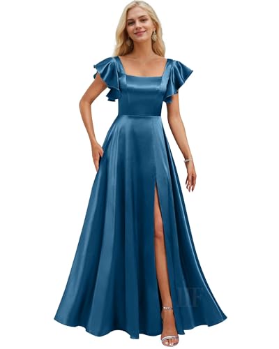Image of IIF Short Sleeve Bridesmaid Dresses with Pockets Square Neck A-Line Satin Prom Gown Dress for Women with Slit IIF134
