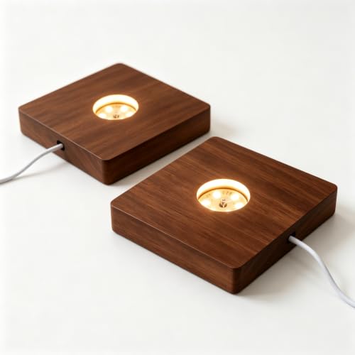 Image of 2Pcs Wooden LED Light Base Display Lighted Base for Crystals - Brown Square Wood Display Lighted Bases Pedestal Stand for Room Office Home Decor