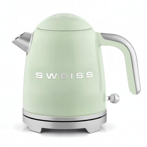 SWEISS Bouilloire électrique vintage KTS7, 1L, Inox compacte pratique 1000W, Ébullition rapide, Niveau d'eau visible et gradué, Arrêt automatique, Base...