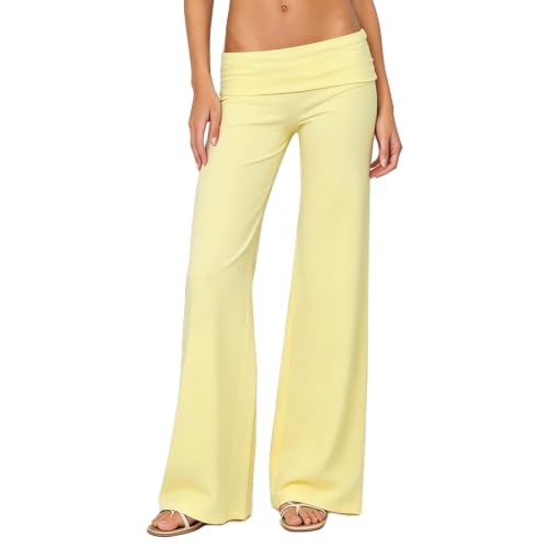 Image of Lounge Yoga Pants for Women Fold Over Low Waist Wide Leg Bell Bottoms | Y2K Foldover Pants, Flare Leggings, Low Rise Yoga Sweatpants