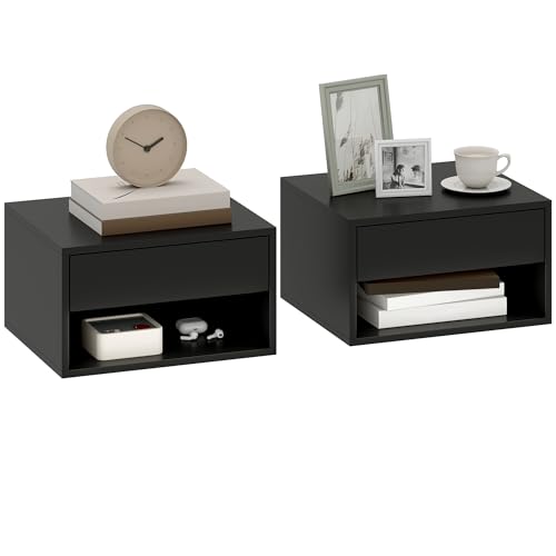 HOMCOM Lot de 2 Tables de Chevet murales, Tables de Nuit suspendues avec tiroir Coulissant, Compartiment Ouvert, Plateau, Style Moderne, 37 x 32 x 21 cm, Noir