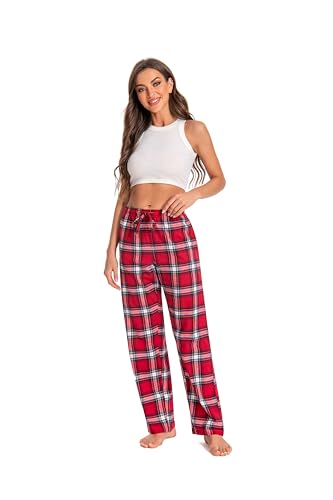 gezikuu Women's Plaid 100% Cotton Loungewear Pyjama Pants Flannel/Poplin Nightwaer Trousers With Pockets.RED WHITE PLAID,size:S
