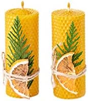 Beeswax Gifts 100% Beeswax Candles Gift Box Set of 2 Natural Hand Rolled Pillar Candles (Size 5 x 2 in) for Gift and Home Decor (2 Yellow Candles with Decor) Made in Ukraine