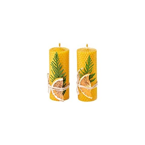 Beeswax Gifts 100% Beeswax Candles Gift Box Set of 2 Natural Hand Rolled Pillar Candles (Size 5 x 2 in) for Gift and Home Decor (2 Yellow Candles with Decor) Made in Ukraine Cover