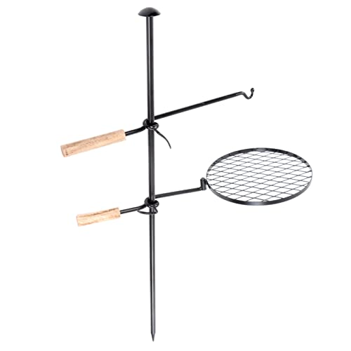 Fafeicy Stand de Parrilla de Fogata Giratoria, Rejilla de Parrilla de Hierro Forjado Hecho a Mano con Conjunto de Portátil Portátil y Brazo con Ganchos, Manijas de Madera, para Acampar Picnic
