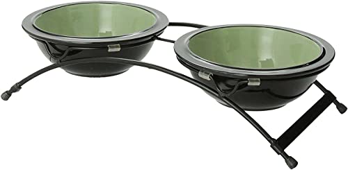 Petrageous 44338 Buddys Best Steel Frame Non-Skid Raised Dog Bowl Feeder 13-Inch By 5.75-Inch By 3-Inch Tall Anti Slip Dog Diner With 2 Dishwasher Safe Stoneware 6-Inch 2-Cup Capacity Bowls, Green #TOP19