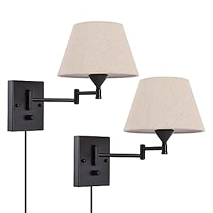 Pauwer Plug in Wall Sconce Set of 2 Swing Arm Wall Lamp with Plug in Cord and Fabric Shade Wall Light Fixtures for Hallway Bedroom Living Room (Beige Shade)