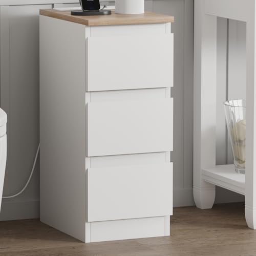 QIHANG-UK White Bedside Table with 2 Storage Drawers, High Gloss Nightstand Cabinet Unit with LED Lights for Bedroom, Small Living Room End Table Side Table