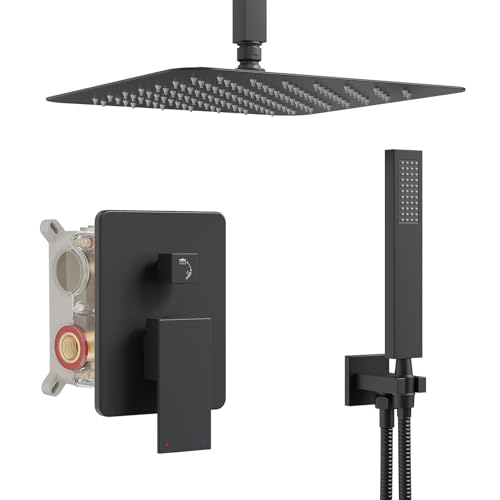 Black Ceiling Mount Shower System with Rain & Handheld
