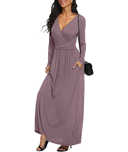 Image of LILBETTER Women Long Sleeve Deep V Neck Loose Plain Long Maxi Casual Dress