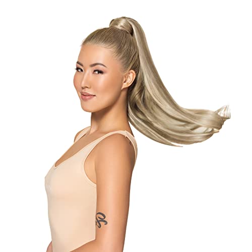 Image of WENNALIFE Ponytail Hair Extension, 20 Inch 90g Ash Brown with Platinum Blonde Highlights Ponytail Extension Human Hair Clip in Wrap Around Remy Human Hair Extension Hairpieces Real Human Hair