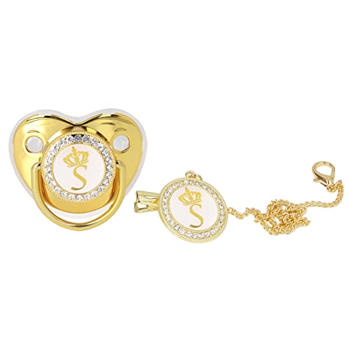 Image of Baby Pacifier,Rhinestone Night Pacifier with Chain Clip,Portable Exquisite Golden Crown Letter Cute Pacifier for Infant (S)