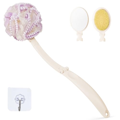 Topfinder Esponja Ducha de Mango Largo, Aplicador Crema Espalda, Cepillo Espalda Ducha para Mujeres Hombres (Morado)