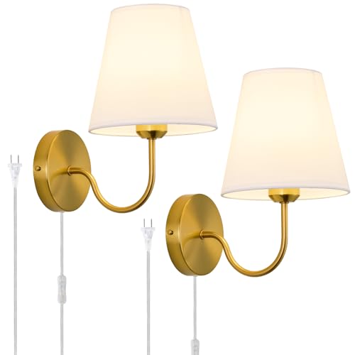 Image of Modern Gold Plug in Wall Sconces Lighting Fixture, E26 Industrial Vintage Wall Light Set of 2 Pack Wall Lamp Bathroom Decor for Bedroom Living Room, Brass Finish