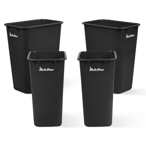 Image of PLASTIC PRINCE 10 Gallon Trash Can Black Waste Basket for Kitchen Bathroom Office 40 Qt Garbage Bin Fits Under Desk Cabinet Sink, High Plastic Waste Basket 19.9 inch H x 15.7 inch W x 11.3 inch D, Pack of 4