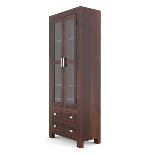 Image of Solid Sheesham Wood Bookshelf with Acrylic Glass Door & Storage Drawers | Rosewood Display Cabinet for Living Room & Office (Walnut Finish)