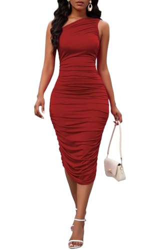 Image of Womens One Shoulder Dress Sexy Ruched Bodycon Midi Party Dress Sleeveless Cocktail Wedding Guest Club Night Outfit