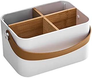 Laluky Makeup Storage Organiser, Bathroom Caddy, Portable Cosmetics Holder With Handle, Plastic and Wood Storage Case for Makeup/Razors/Creams/Facial Cleaners(White)