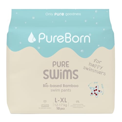 PureBorn Pure Swims BioBased Bamboo Swim Pants | Disposable Baby Swim Diapers with Soft Bubble Waistband Hypoallergenic & ChlorineFree | LXL 12-17 kg | 10 Pants