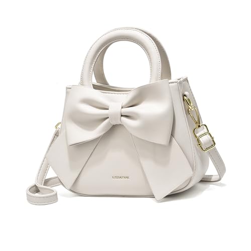 NICOLE & DORIS Umhängetasche für Damen Kleine Handtaschen mit Schleife Henkeltasche PU Leder Niedliche Schultertasche Mädchen Crossbody Bag Satchel Tasche Weiß