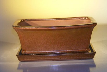 Aztec Orange Ceramic Bonsai Pot - Rectangle Professional Series with Attached Humidity/Drip Tray 10.75 x 8.5 x 4.125