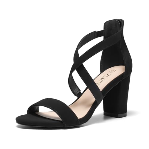 Image of ZURIN Women's Strappy Block Heels Chunky High Heels Sandals Open Toe Ankle Strap Pumps Dress Shoes for Wedding Bridal Evening Party Prom