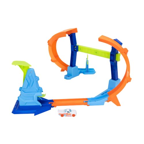 Hot Wheels Coffret Piste Looping et Saut Piste Multi Crash avec une voiture à l’échelle 1/64, pistes et adaptateurs Speed Snap, se replie pour le ranger,...