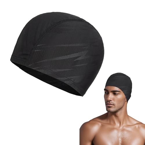 Badmössa herr, elastisk tyg polyester simmössa, snabbtorkande badmössa för vuxna män, simmössa, simmössa (svart)