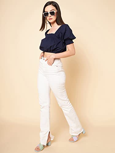 Image of HIGH Star Women's Square Neck Puff Sleeve Pure Cotton Slim Fit Blouson Top